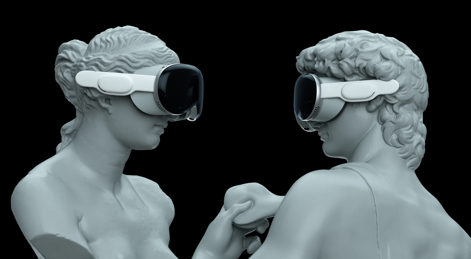 Two classical statues wearing virtual reality glasses